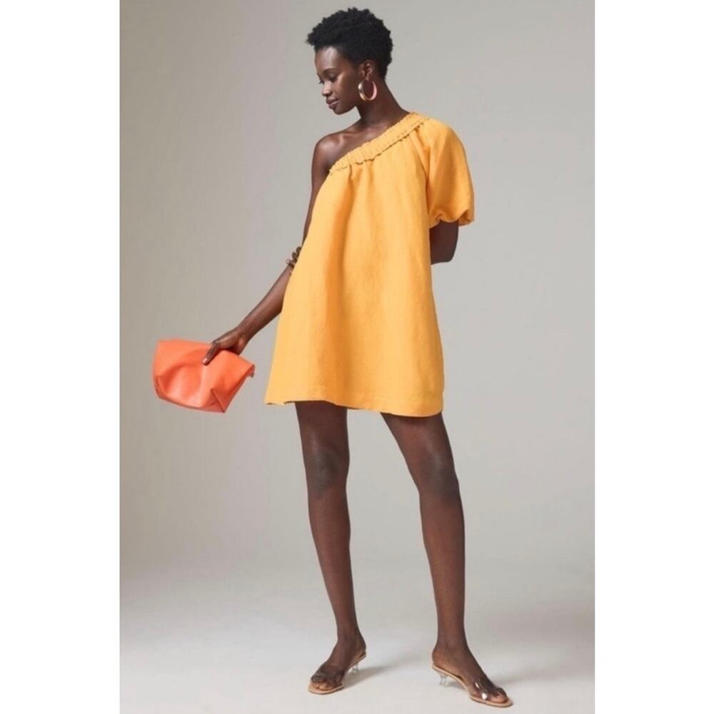 By Anthropologie One-Shoulder Waistless Mini Dress Linen Blend Mango Orange XL - Picture 2 of 6